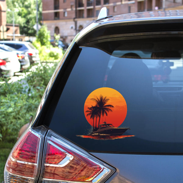 Tropical Sunset Decal With Luxury Boat Vibrant Vinyl Sticker For Cars Boats Laptops Water Bottles Decor Bring Coastal Elegance Anywhere