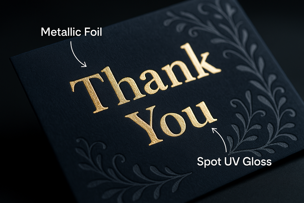 Foil + Spot UV Greeting Cards — boutique retail look Niagara Stands Out