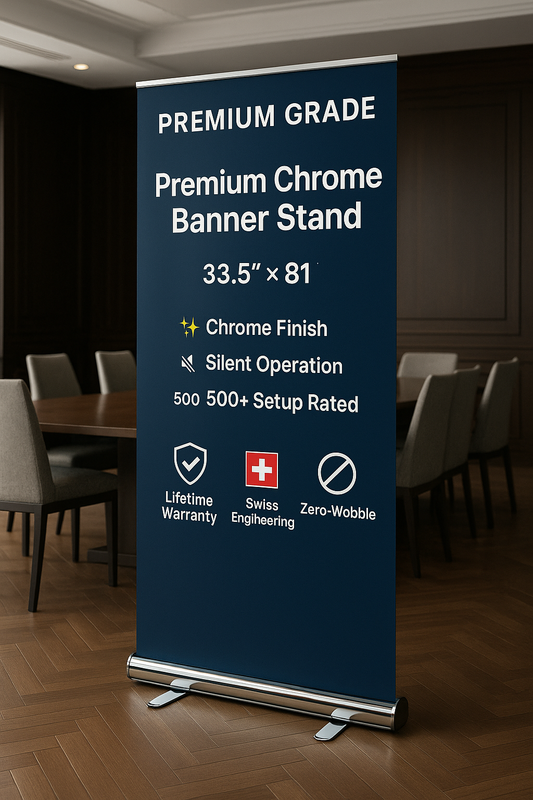 Premium Chrome Banner Stand 33×81" - Executive Retractable Display | Lifetime Warranty
