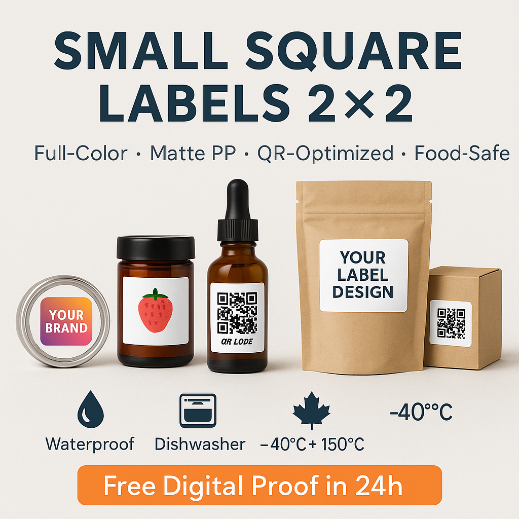 Small Square Labels 2x2 Canada | QR Code & Barcode Waterproof Stickers Niagara Stands Out