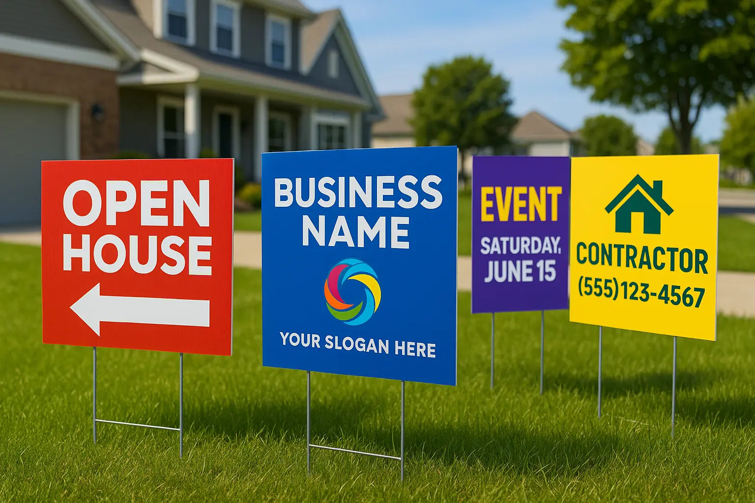 Bulk discount yard signs - custom coroplast lawn signs with heavy-duty stakes displayed outdoors