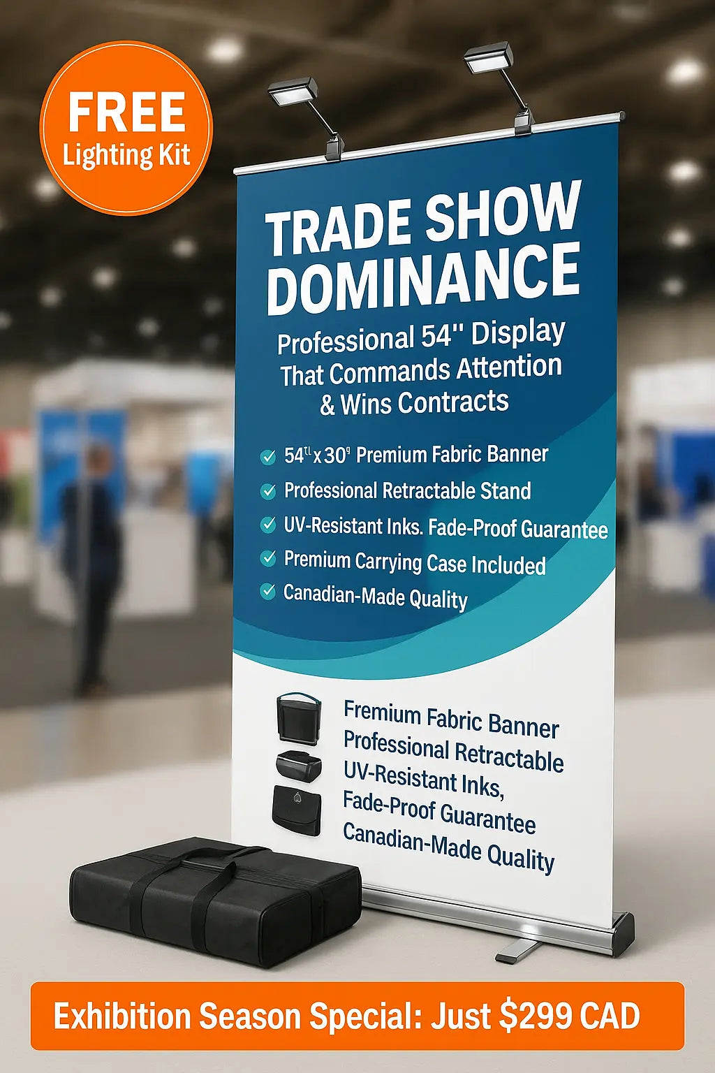 Professional 54″ Trade Show Banner Display - Retractable Stand, FREE Lighting Kit, Canadian Made Niagara Stands Out