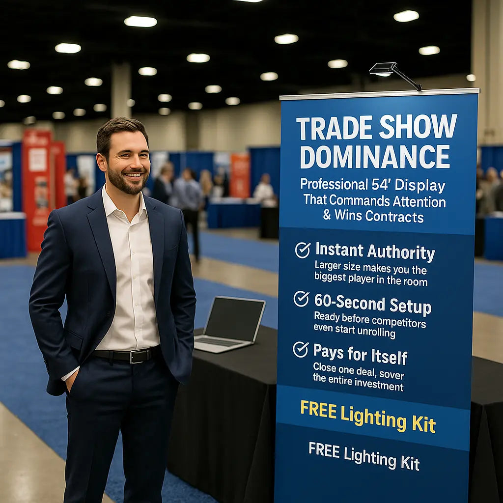 Professional 54″ Trade Show Banner Display - Retractable Stand, FREE Lighting Kit, Canadian Made Niagara Stands Out