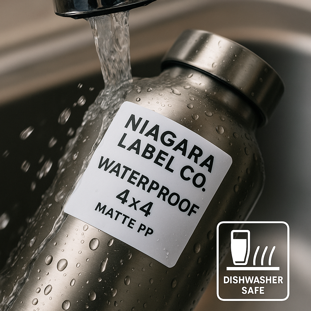Waterproof Custom Color Labels 4x4 Canada | Premium Matte PP Auto-Cut Singles Niagara Stands Out