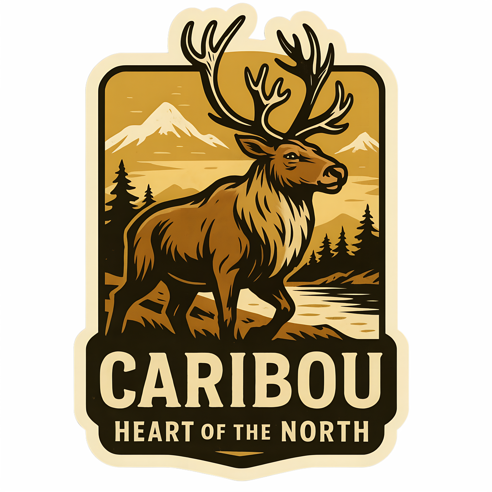 Moose and mountain landscape vinyl decal with 'Caribou Heart of the North' text, ideal for outdoor enthusiasts.