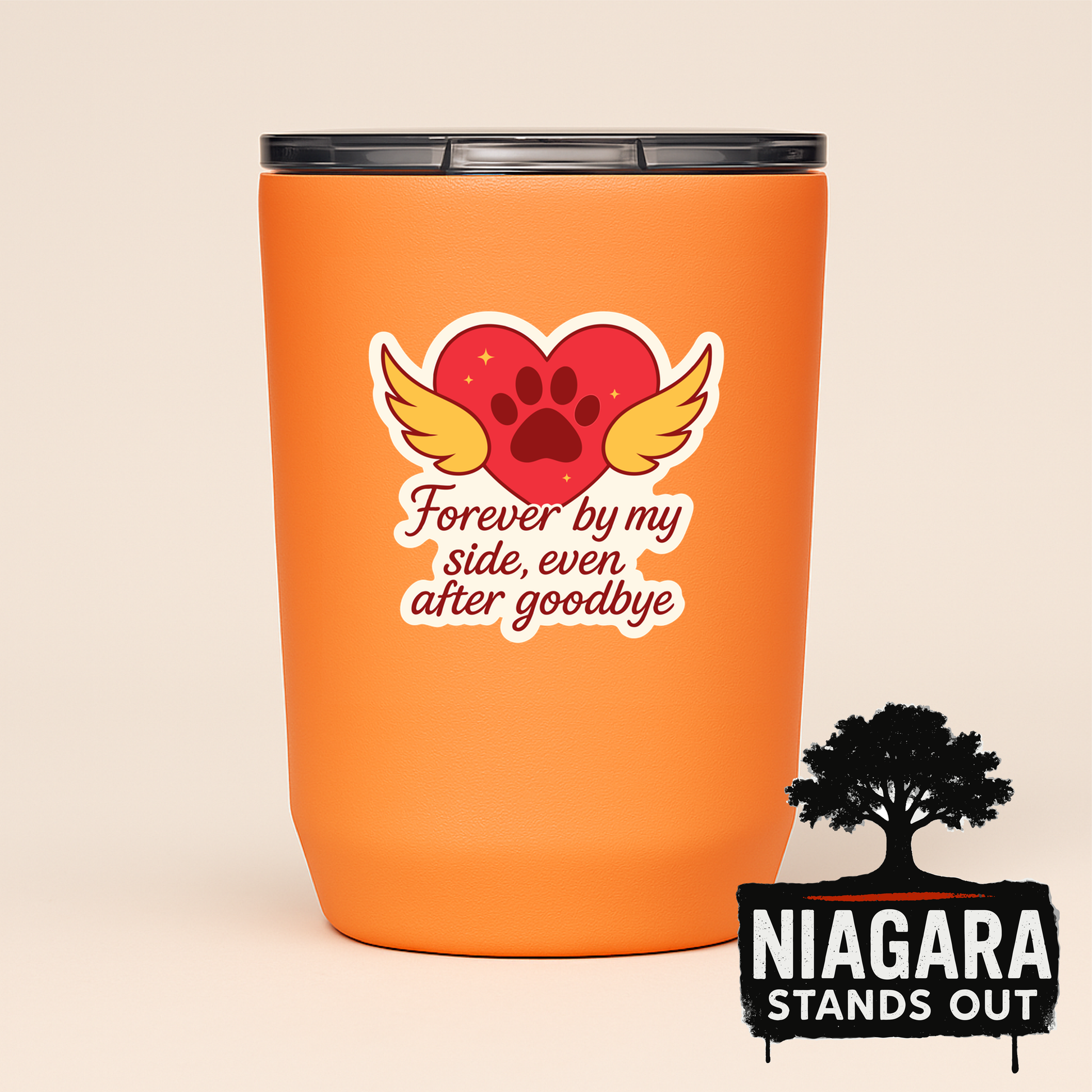 White winged heart with paw print and 'Forever by my side, even after goodbye' text on orange background, Niagara-themed pet memorial decal