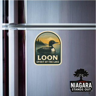 Loon and lake vinyl decal with 'Spirit of the Lake' text, ideal for nature-themed customization on electronics and outdoor gear.