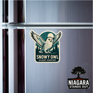Snowy owl in flight vinyl decal on blue background with 'Silent Hunter' text, ideal for laptops, cars, and windows