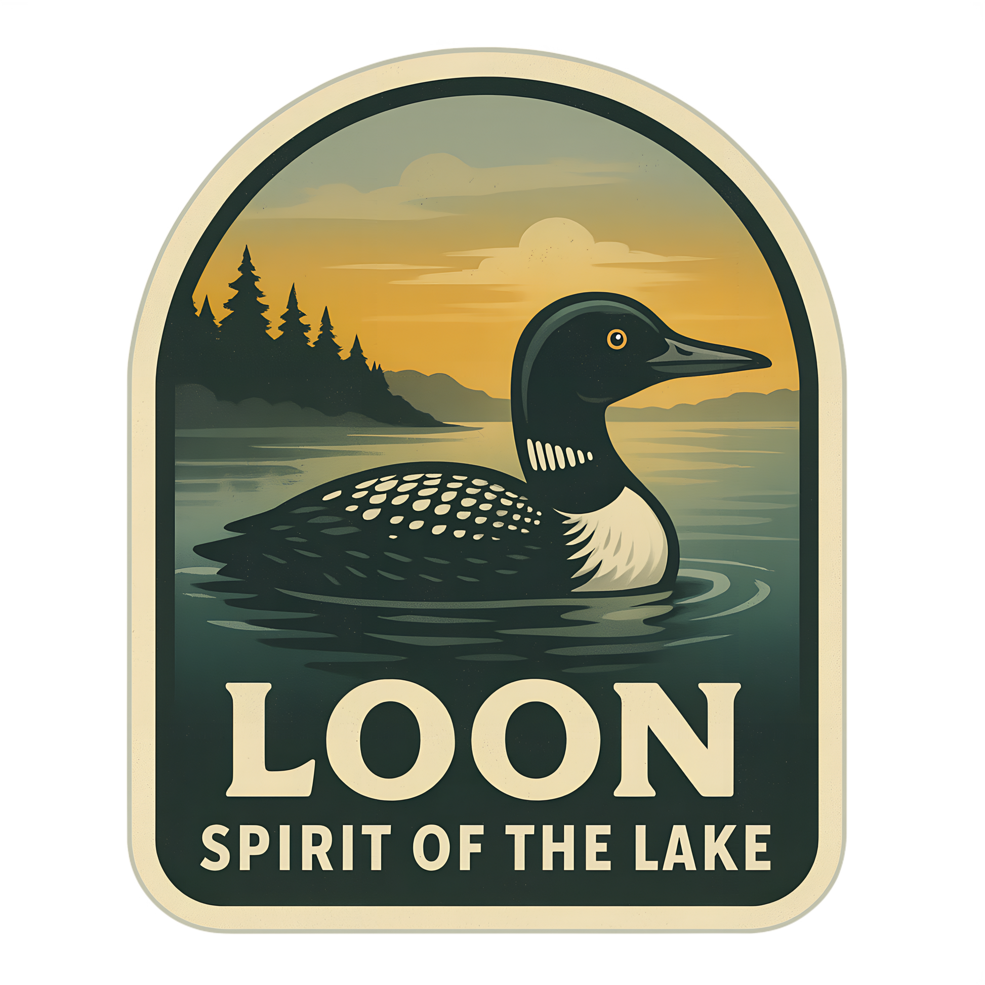 Loon and lake vinyl decal with 'Spirit of the Lake' text, ideal for nature-themed customization on electronics and outdoor gear.