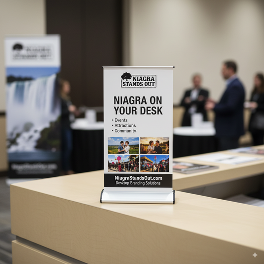 Tabletop Banner Stand 11×18" - Professional Retractable Counter Display | Same-Day Production