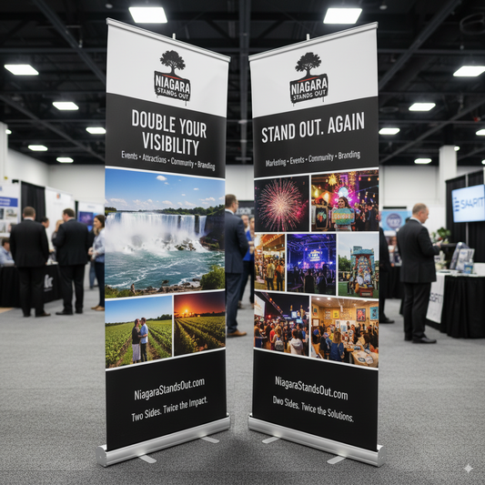 Double-Sided Banner Stand 33.5×81" - Professional Two-Way Retractable Display | Trade Show Ready