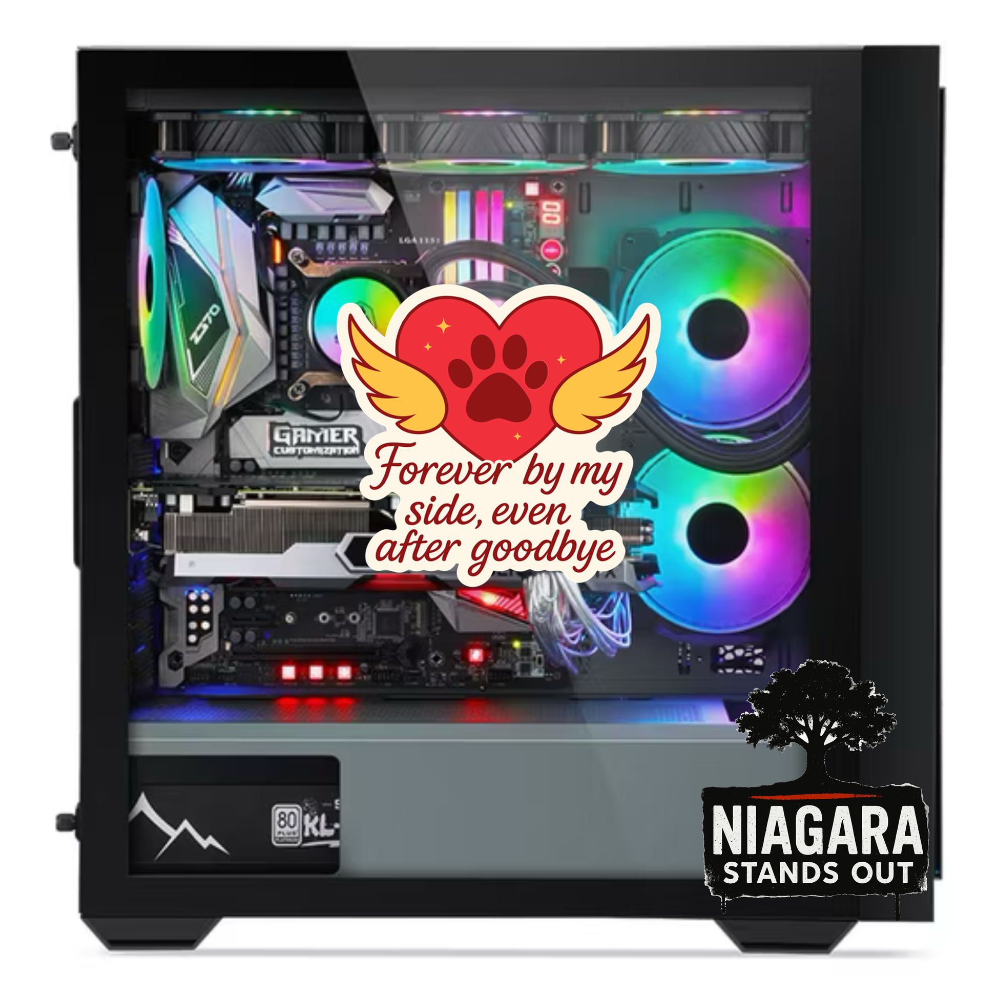 White winged heart with paw print and 'Forever by my side, even after goodbye' text on orange background, Niagara-themed pet memorial decal