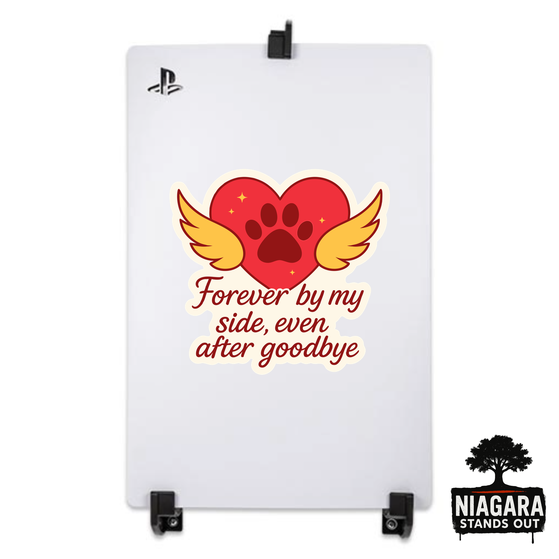 White winged heart with paw print and 'Forever by my side, even after goodbye' text on orange background, Niagara-themed pet memorial decal