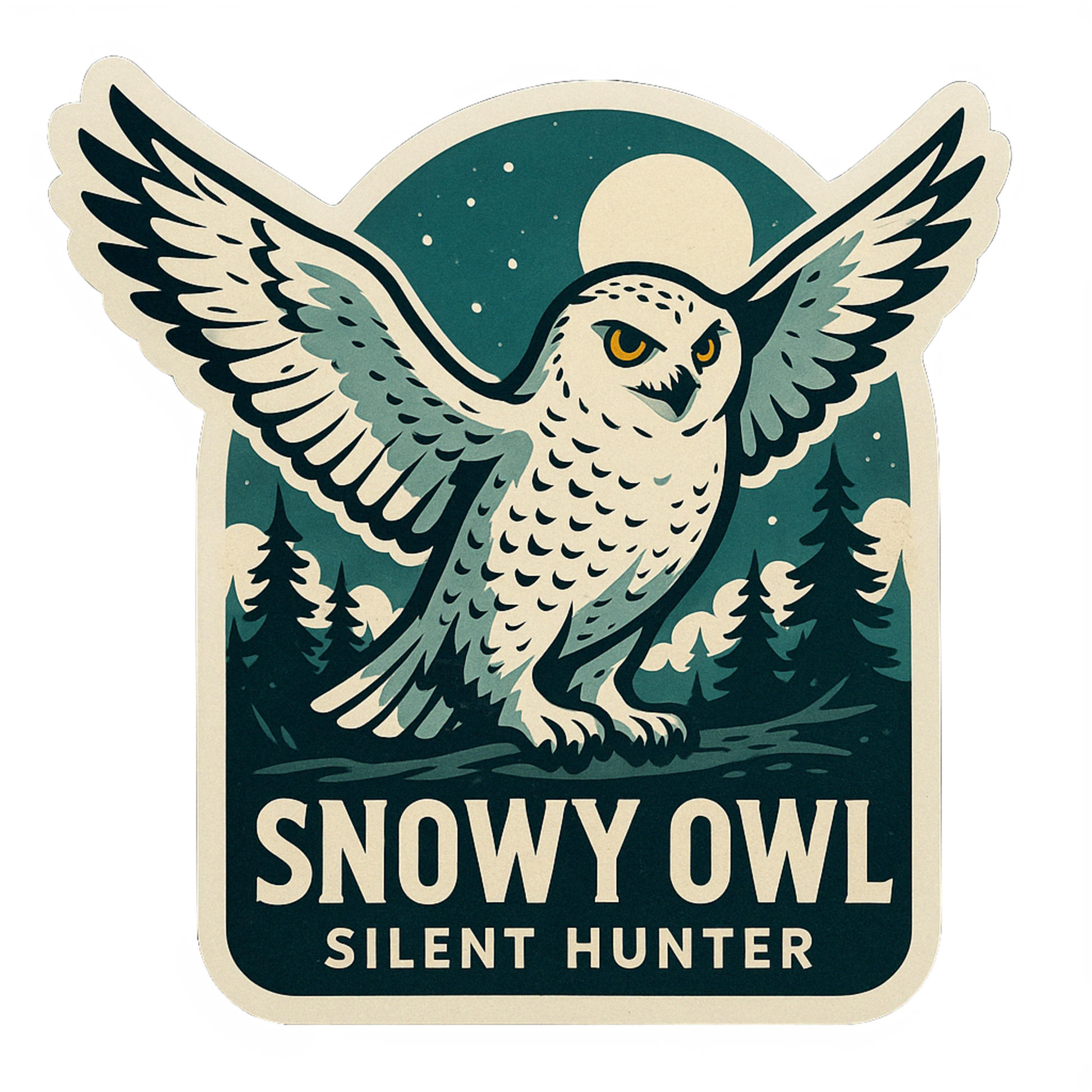 Snowy owl in flight vinyl decal on blue background with 'Silent Hunter' text, ideal for laptops, cars, and windows