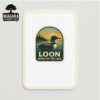 Loon and lake vinyl decal with 'Spirit of the Lake' text, ideal for nature-themed customization on electronics and outdoor gear.