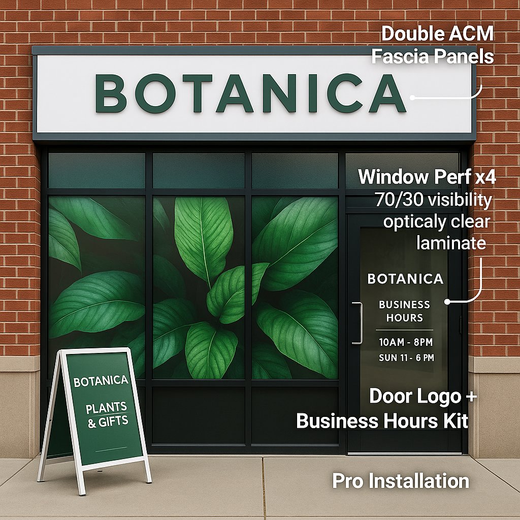 Brand Takeover — Double Fascia + Window Perf x4 + A-Frame (Installed) Niagara Stands Out