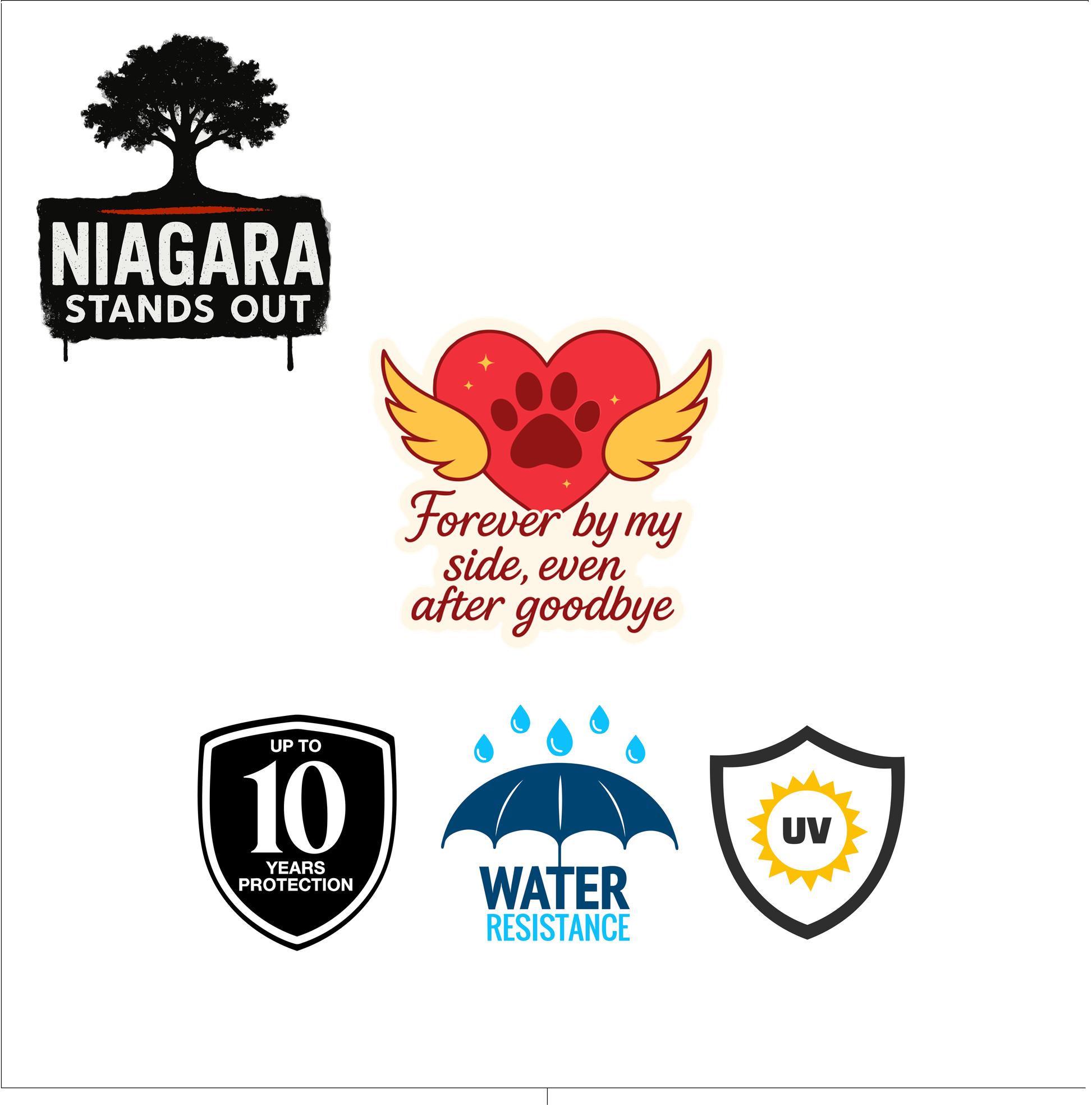White winged heart with paw print and 'Forever by my side, even after goodbye' text on orange background, Niagara-themed pet memorial decal